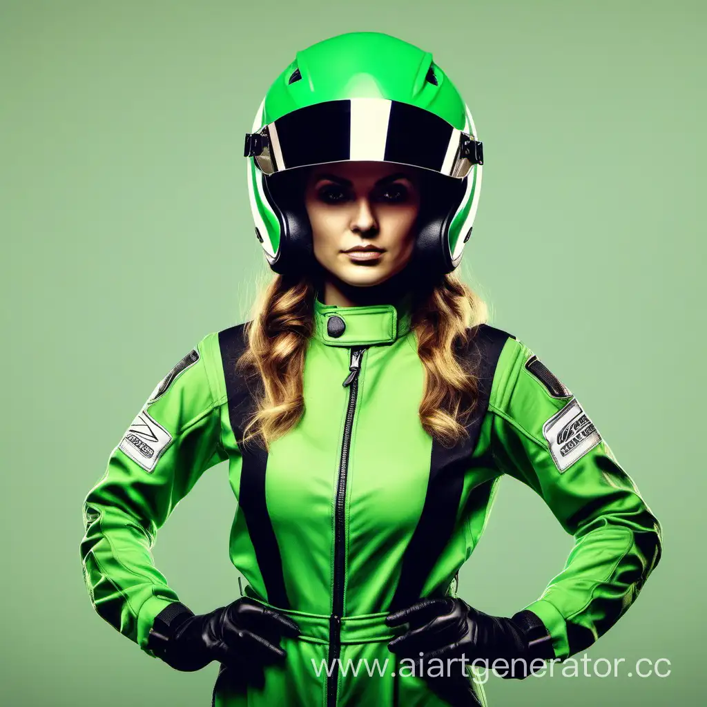 девушка гонщица в зеленом комбинезоне и шлеме