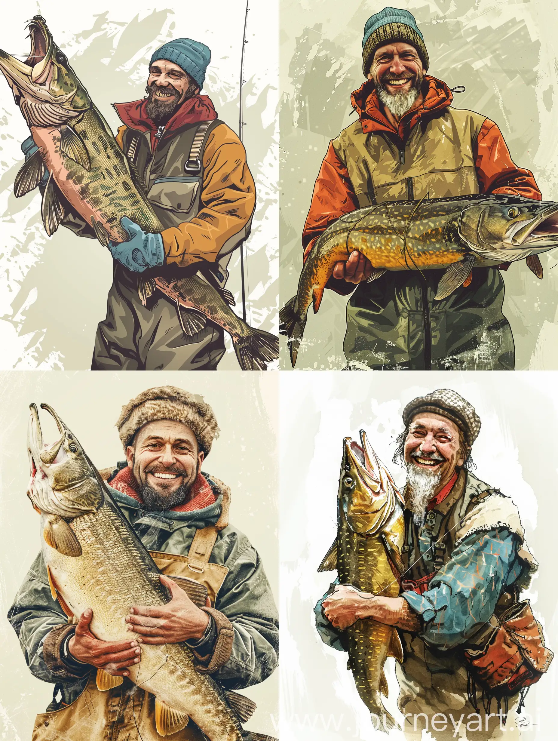 A happy man, in fishing clothes, holding a large pike in his hands, illustration
