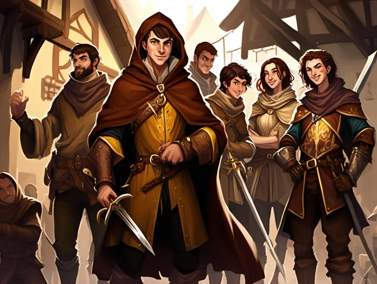 young human bard, short brown hair, brown gold Medieval robe, brown hood, short sword, surrounded by adventurer friends, tavern, day