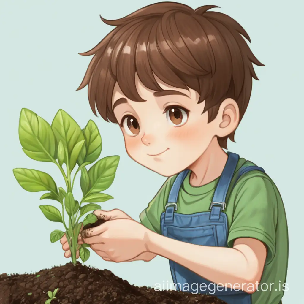 boy with brown hair , planting
 a green shoot
