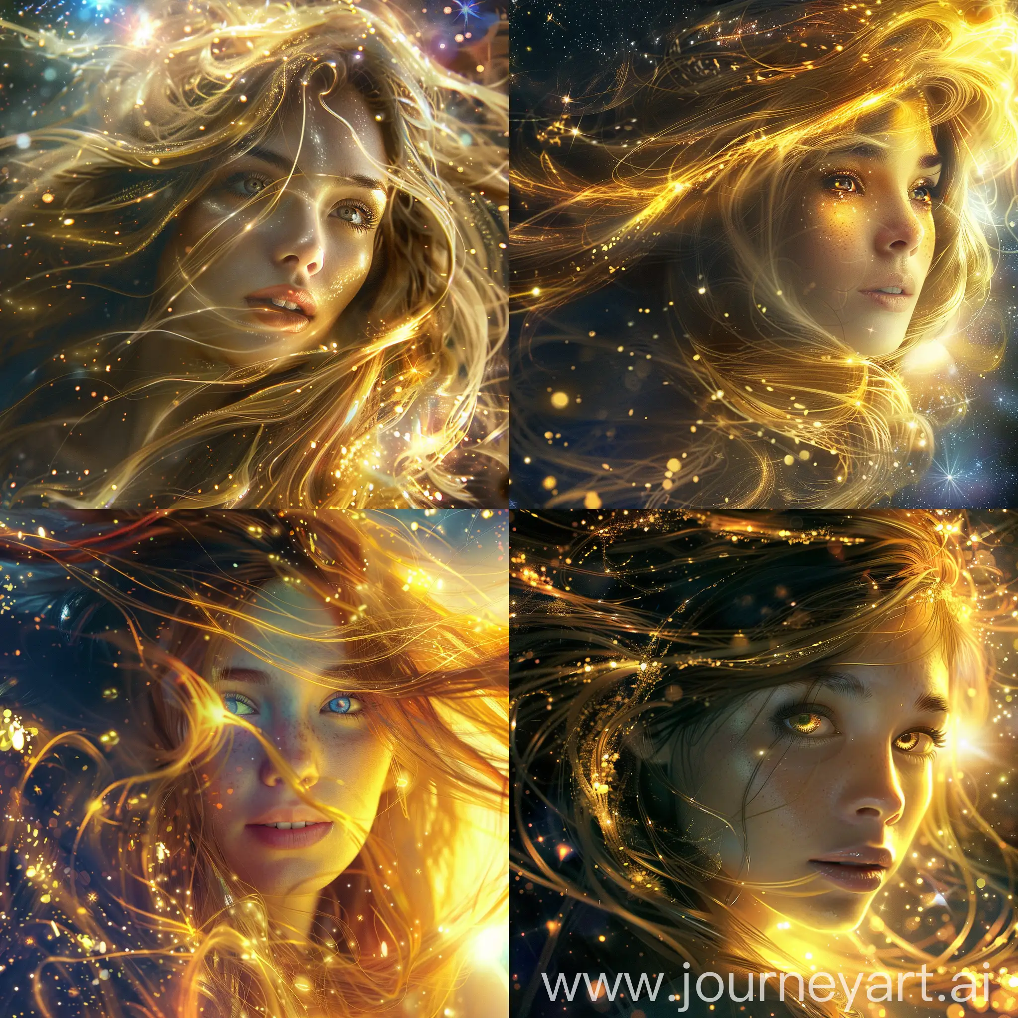A beautiful otherworldly woman with beautiful eyes and long hair that looks that look like the light of the sun. Her hair is shining gold and sparkling like the sun. The background is outer space 