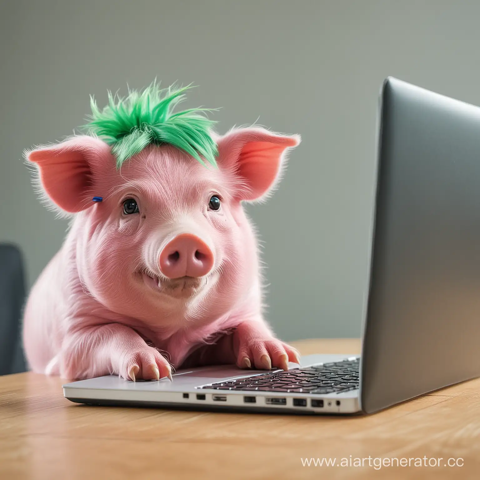 Playful-Pink-Pig-with-Bright-Green-Hair-Distracted-from-Term-Paper