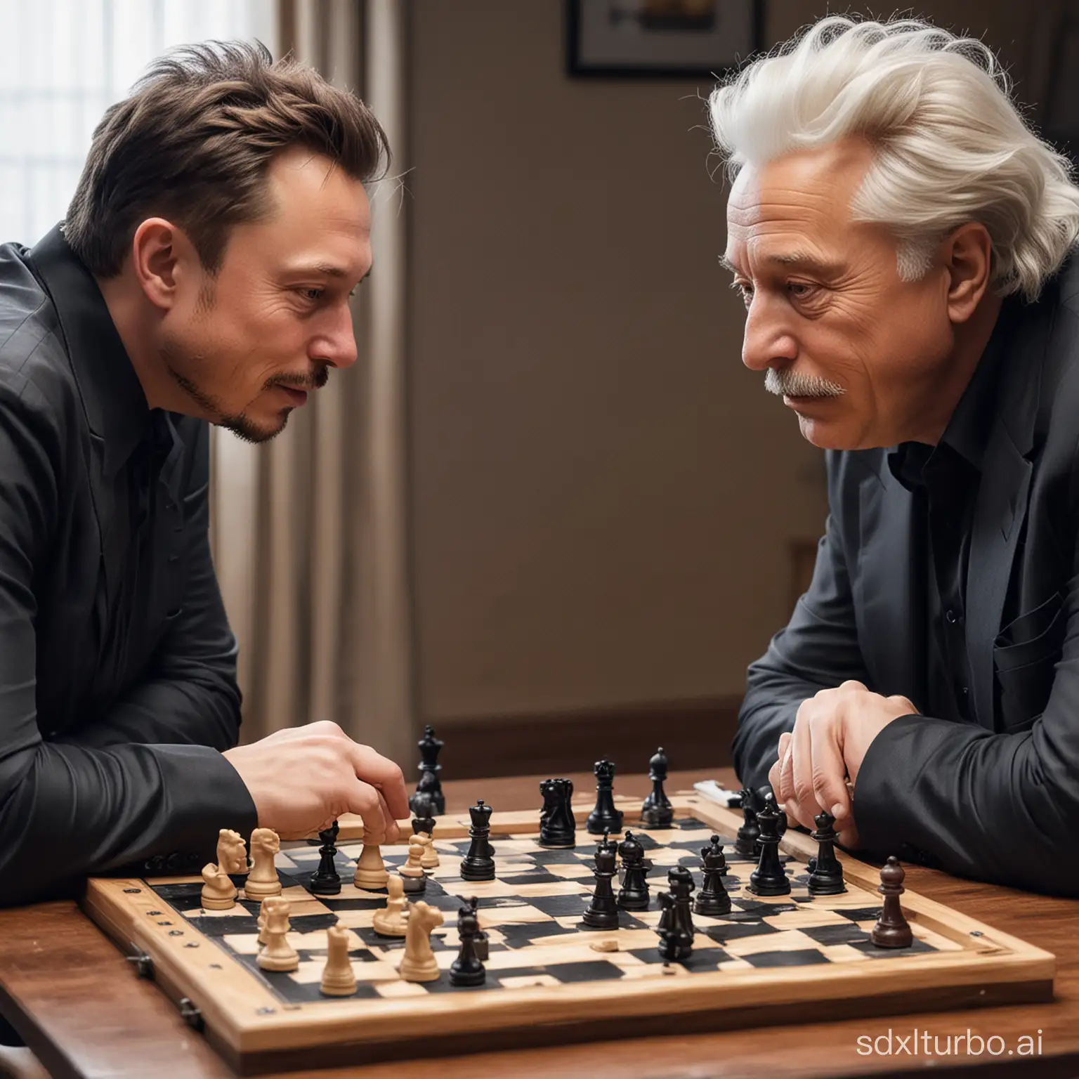 Elon-Musk-and-Albert-Einstein-Engaged-in-Strategic-Chess-Match