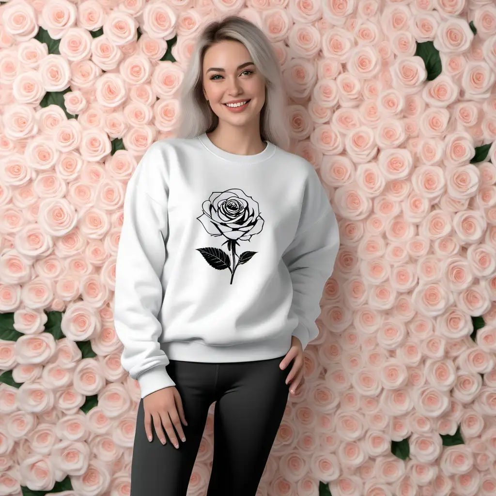 WHITE WOMAN  SEMI SMILE wearing a plain WHITE ,Gildan 18000 sweatshirt, and BLACK LEGGINGS mockup, aesthetic --s 50  LARGE FLOWER rose WALLPAPER BACKGROUND