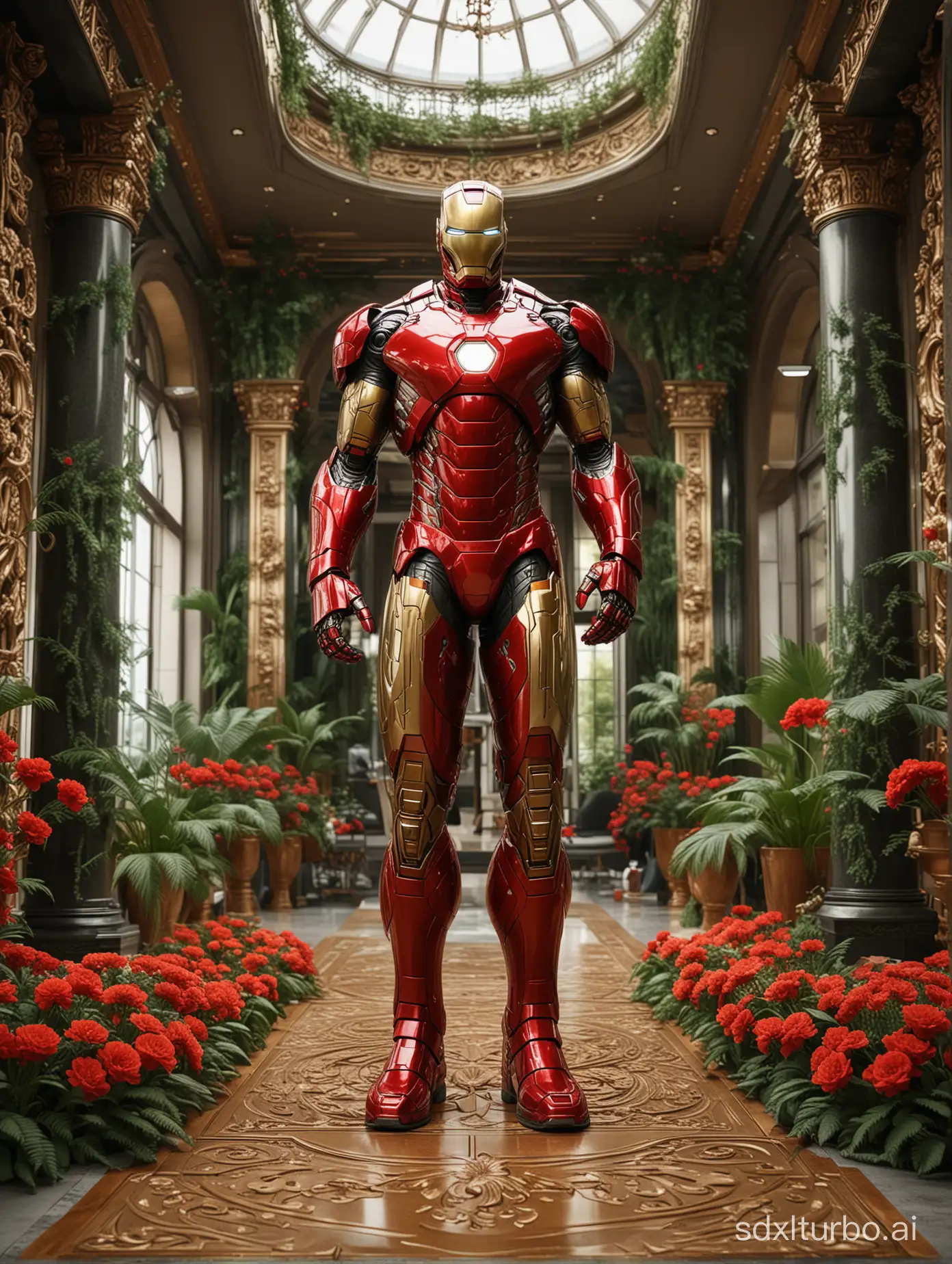 realistic image of an extravagant showroom with Ironman suit, with intricate carvings and intricate details, surrounded by the lush greenery of the landscape, modern, luxurious and exuberant mansion with GOLD details. Red flowers vegetation.