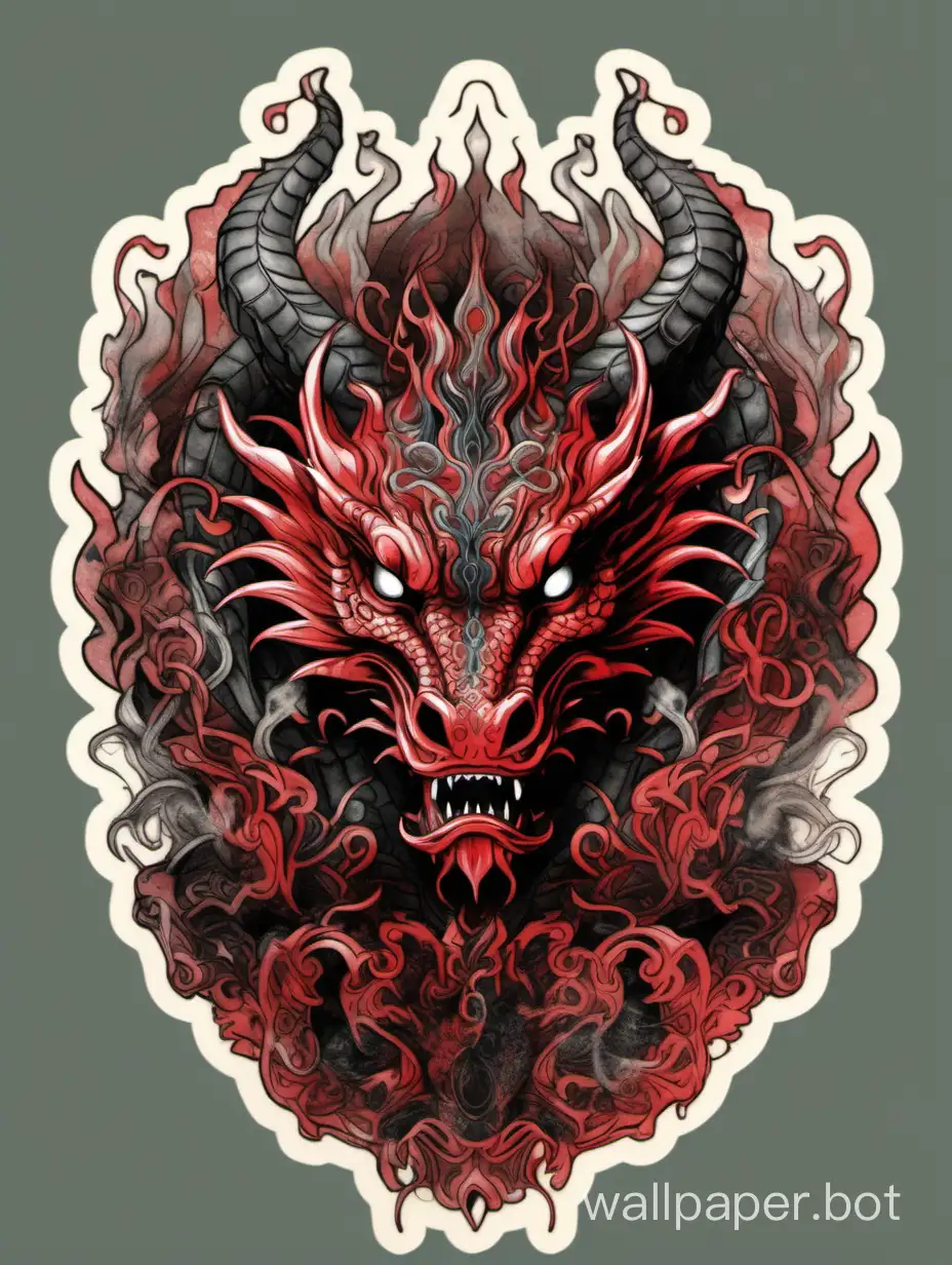 ethereal Bohemian front head of dragon, red and black dripping ink, intricate smoking details, ornate, detailed illustration, octane render, sticker style