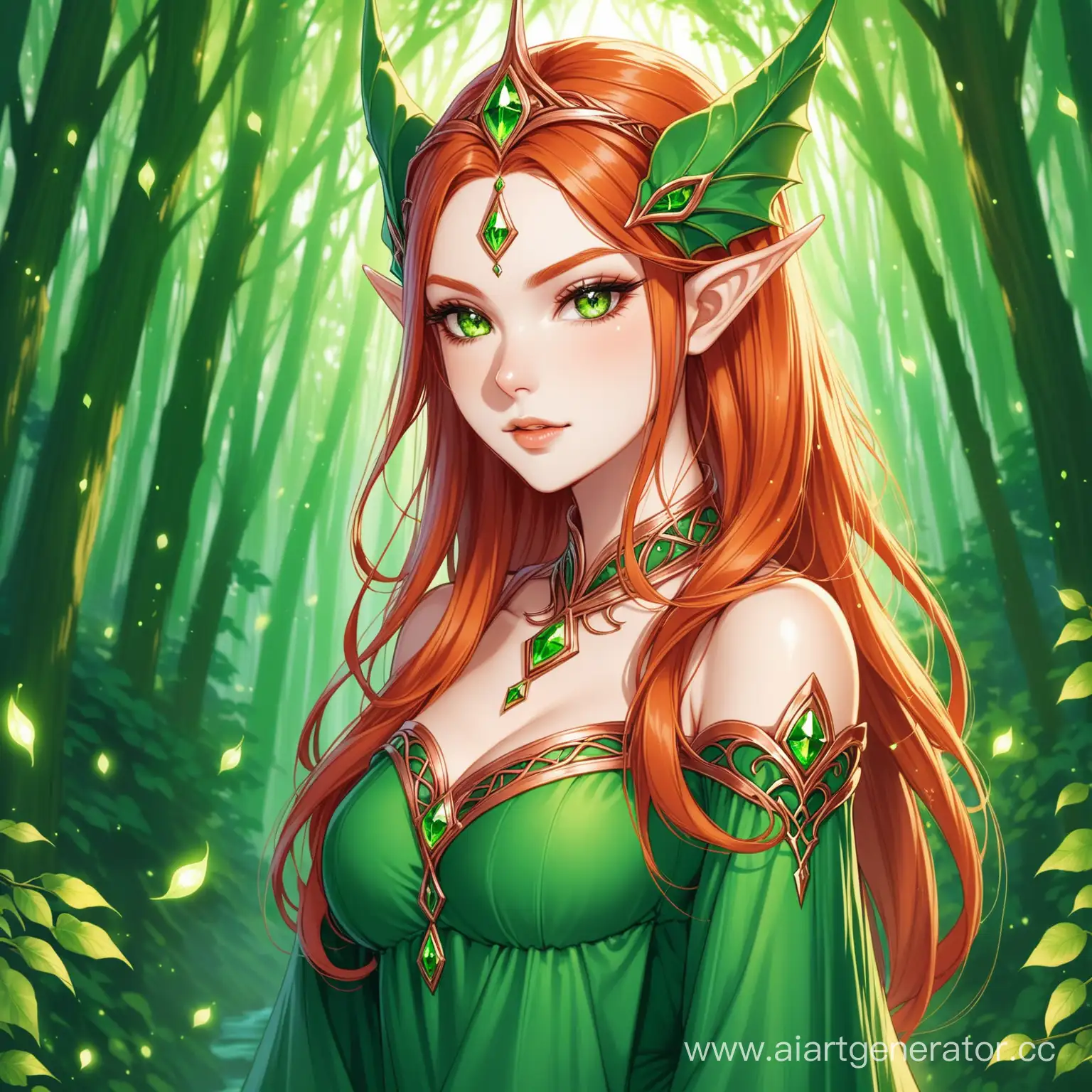Эльфийка королева колдунья с медными волосами и чарующими зелёными глазами