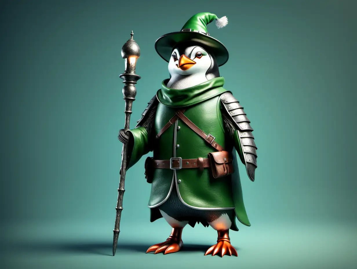 Realistic Pilgrim Penguin in Green Leather Coat and Armor