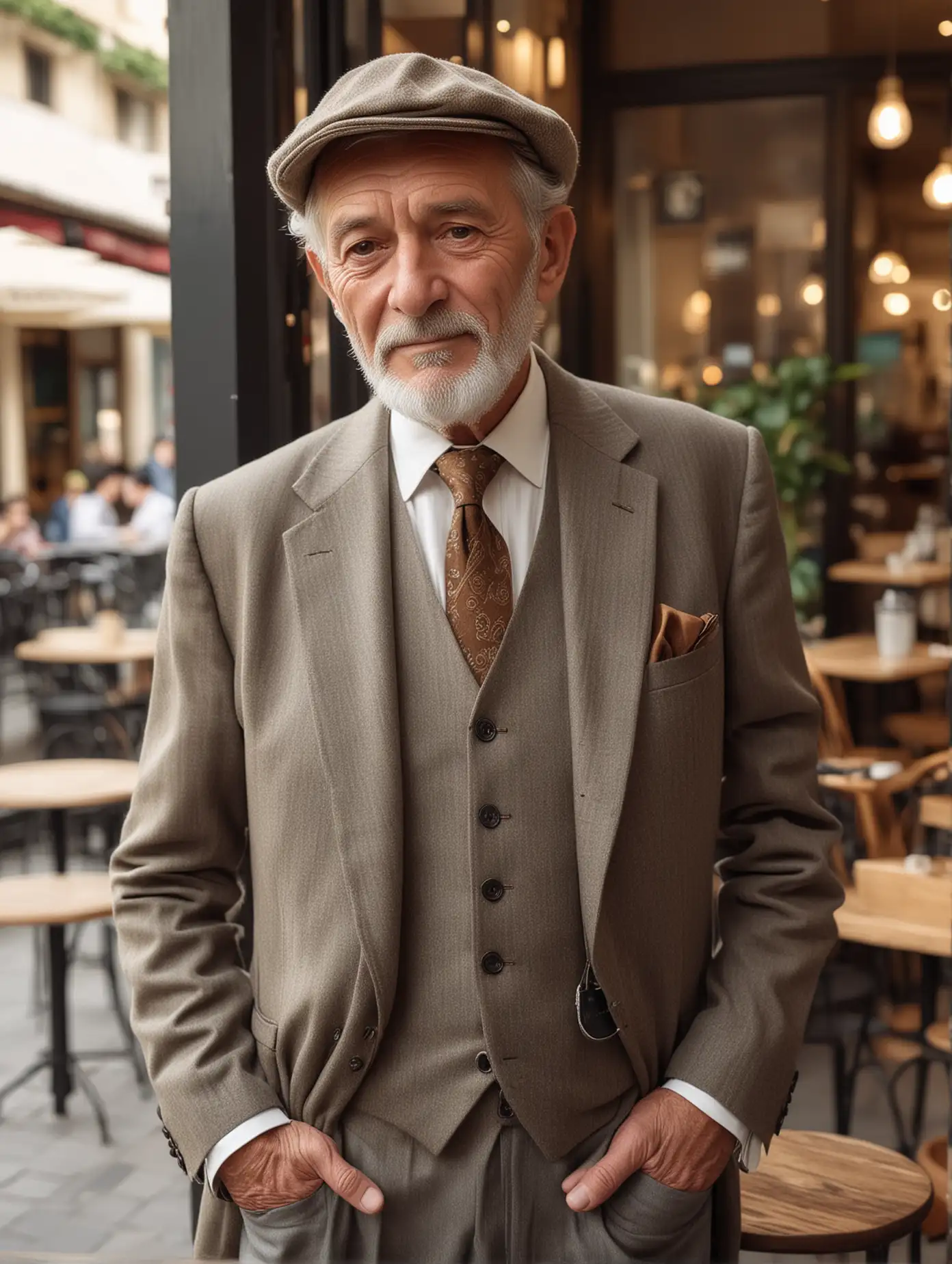 An old man about 54 years old has a noble temperament and is dressed luxuriously. With the cafe as the background, the camera focuses on him. He has an elegant temperament. Facing the camera, he has exquisite facial features and a full body photo.