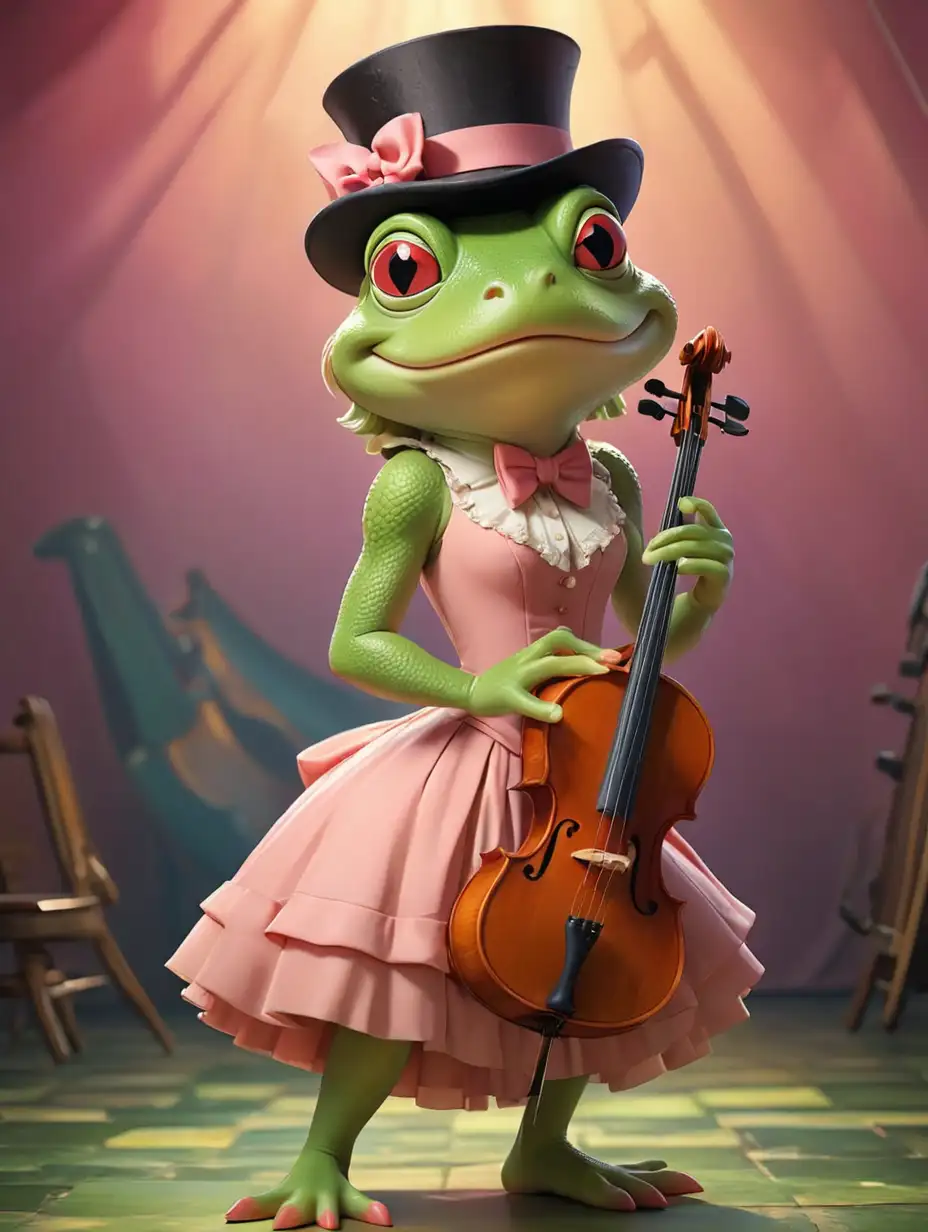 Create a cubist style young beautiful funny frogwith light red short dress with a nice Victorian hat and wearing a pink bowtie with a cool background and playing a cello