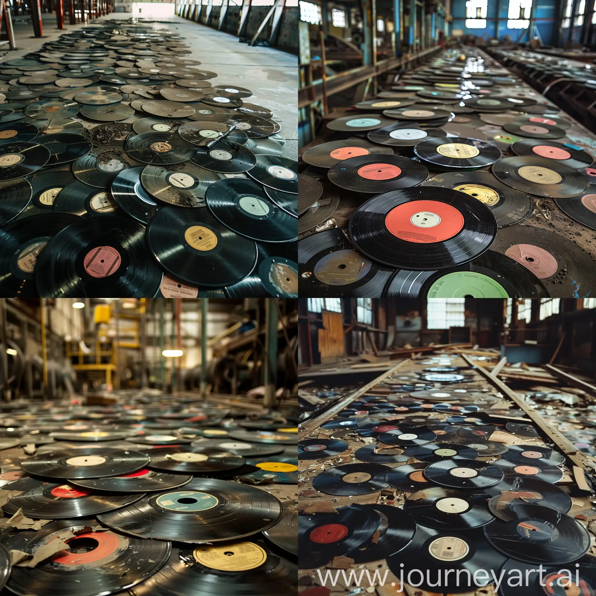 very dirty broken vinyl records in old industrial factory big area