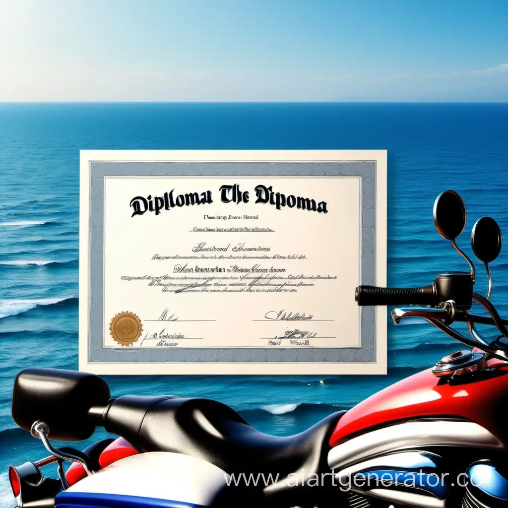 Диплом на фоне моря и мотоцикла
