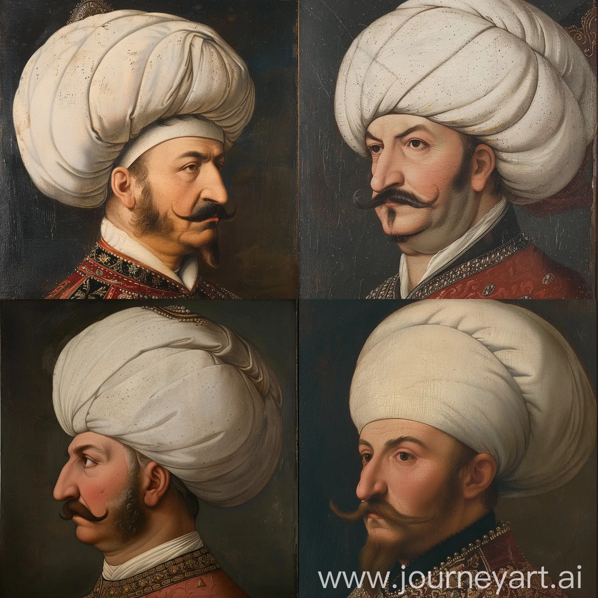 Portrait of Ottoman Sultan Suleiman the Magnificent, 30 years old, handlebar mustache, Ottoman nose, big white turban, side pose, thin face, captivating eyes, side pose
