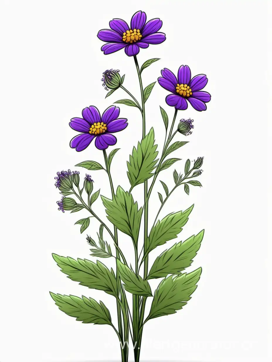 purple BIG wildflower 3 plants lines art, simple, herb, Unique floral, botanical ,grow in cluster, 4K, high quality, white background,