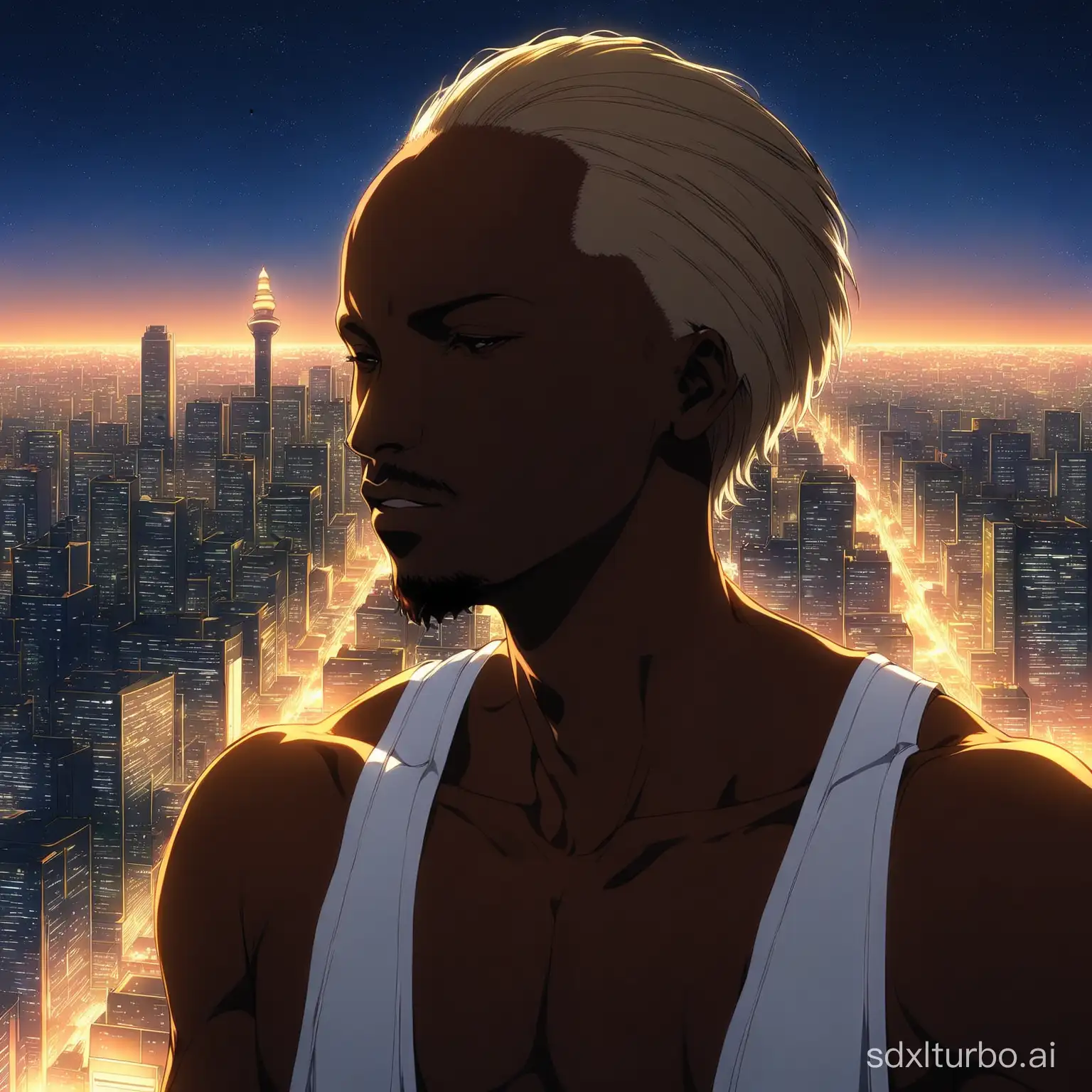 African-Man-Meditating-in-SciFi-Cityscape-Anime-Key-Visual
