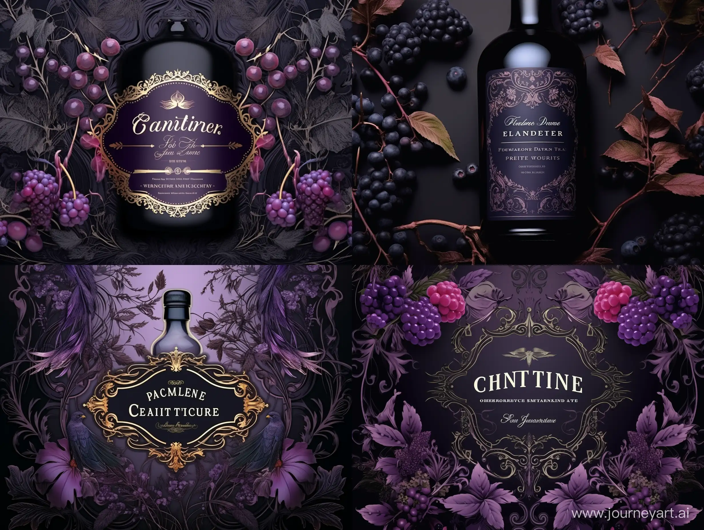 craft liquor label, violette and purple colors, black currant berries and leaves, fantasy gothic style dark shades