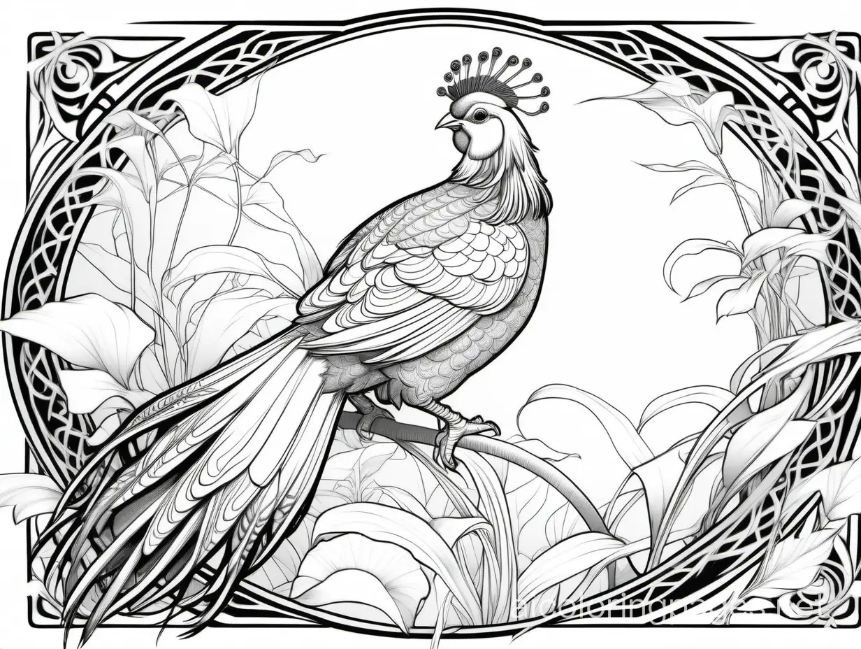 Chineese Golden pheasants, digital painting , extremely detailed , Alphonse Mucha, Art Nouveau, Coloring Page, black and white, line art, white background, Simplicity, Ample White Space. The background of the coloring page is plain white to make it easy for young children to color within the lines. The outlines of all the subjects are easy to distinguish, making it simple for kids to color without too much difficulty