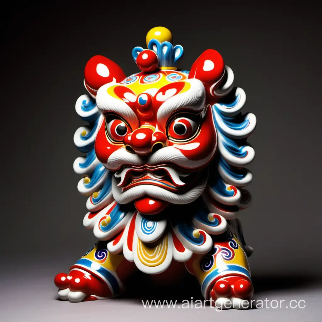 设计一些中国舞狮形状的陶瓷雕塑，颜色吸引人，轮廓略微模糊。