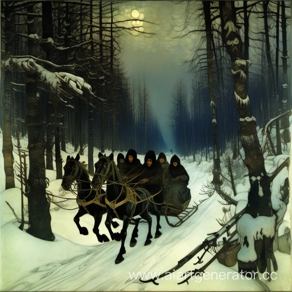 NeoRussian-Style-Peasants-on-Sleighs-in-a-Terrifying-Dusky-Forest