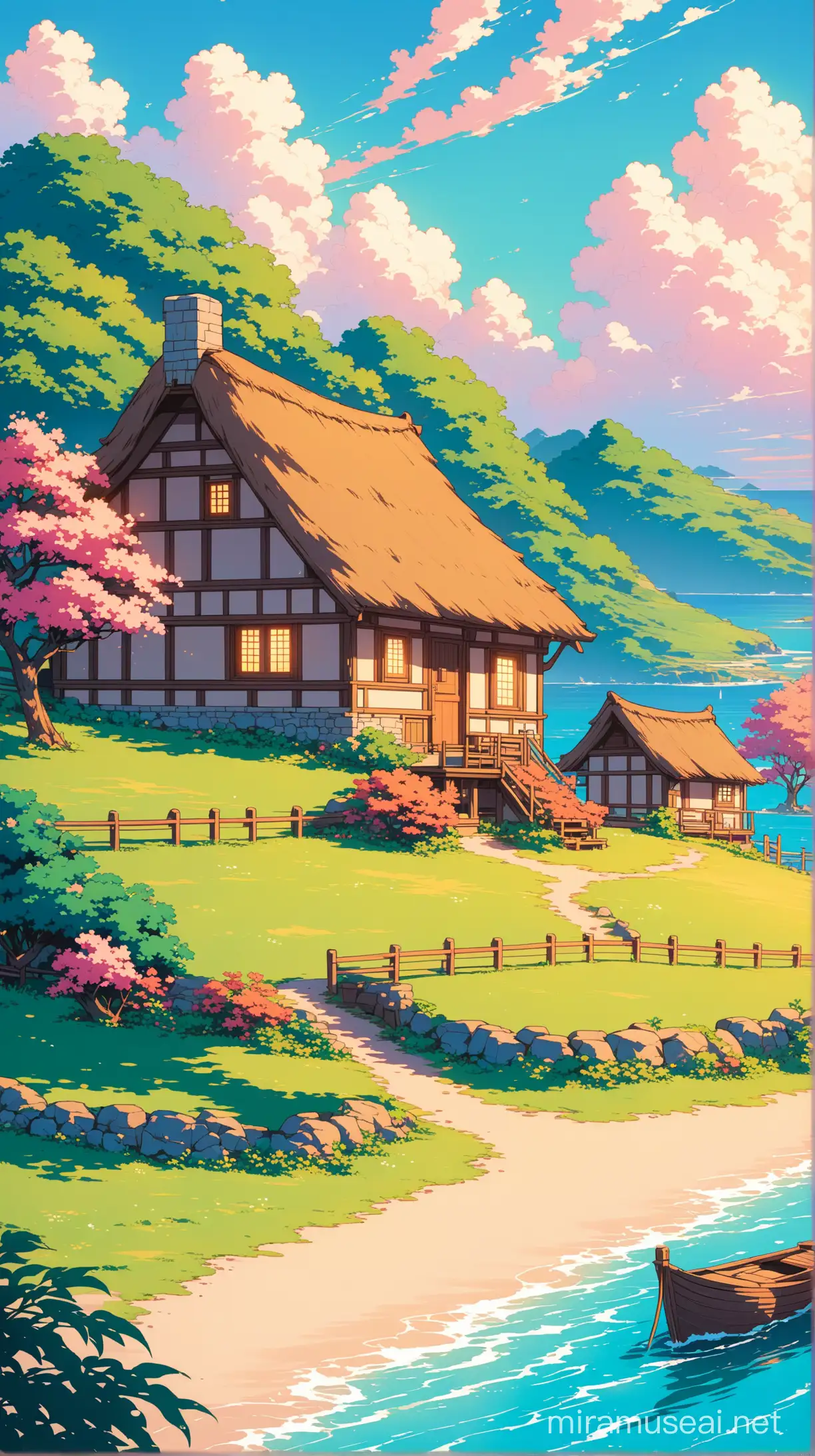 aesthetic vinatge painting of  anime single  cottage in island