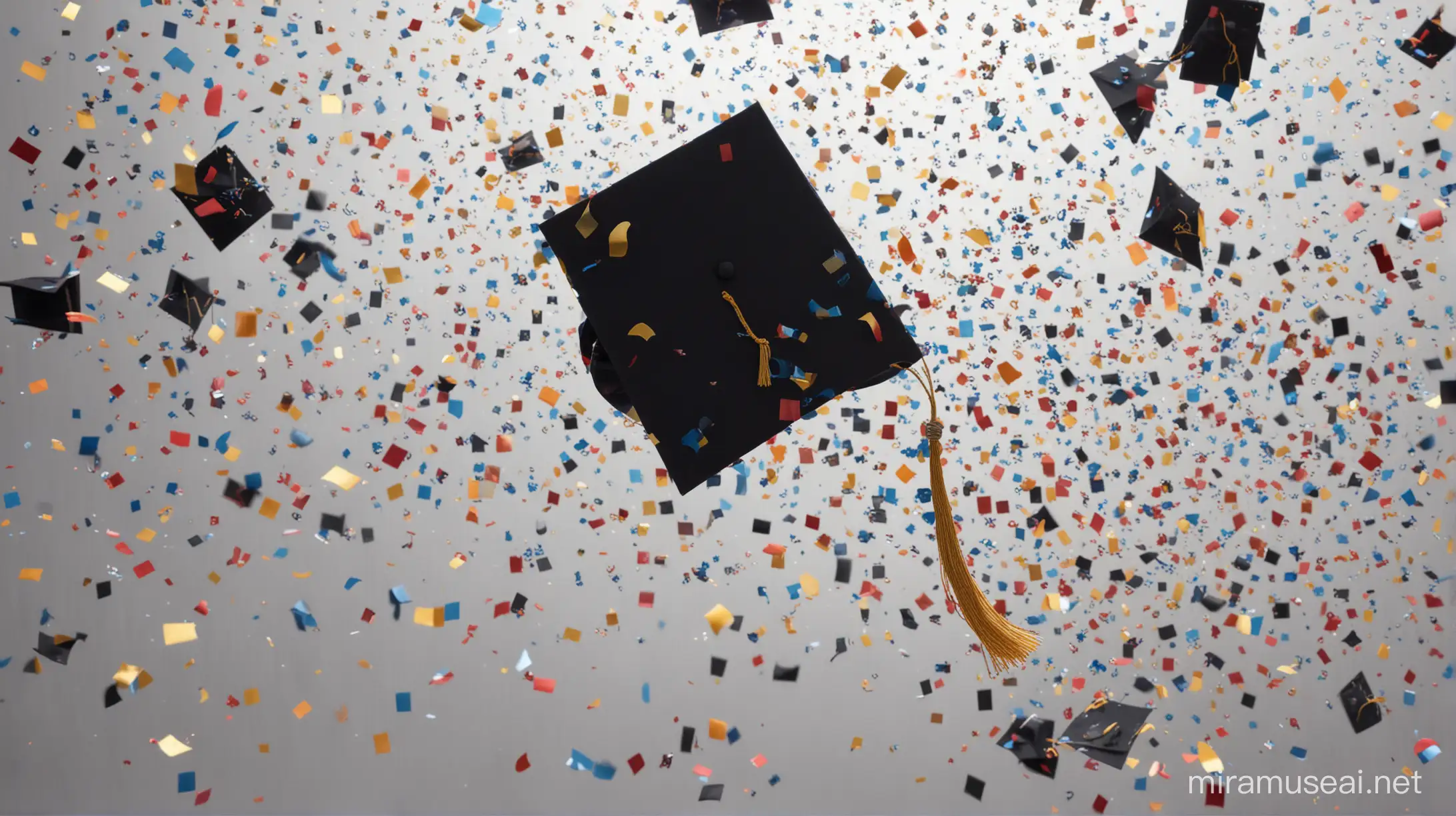 a graduation cap flies in the air with confetti