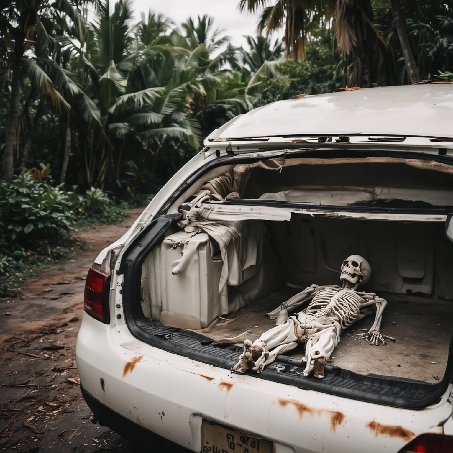 ambiance glauque tropical
 plan proche coffre ouvert de voiture blanche, avec un corps d'homme mort allongé dans le coffre 
