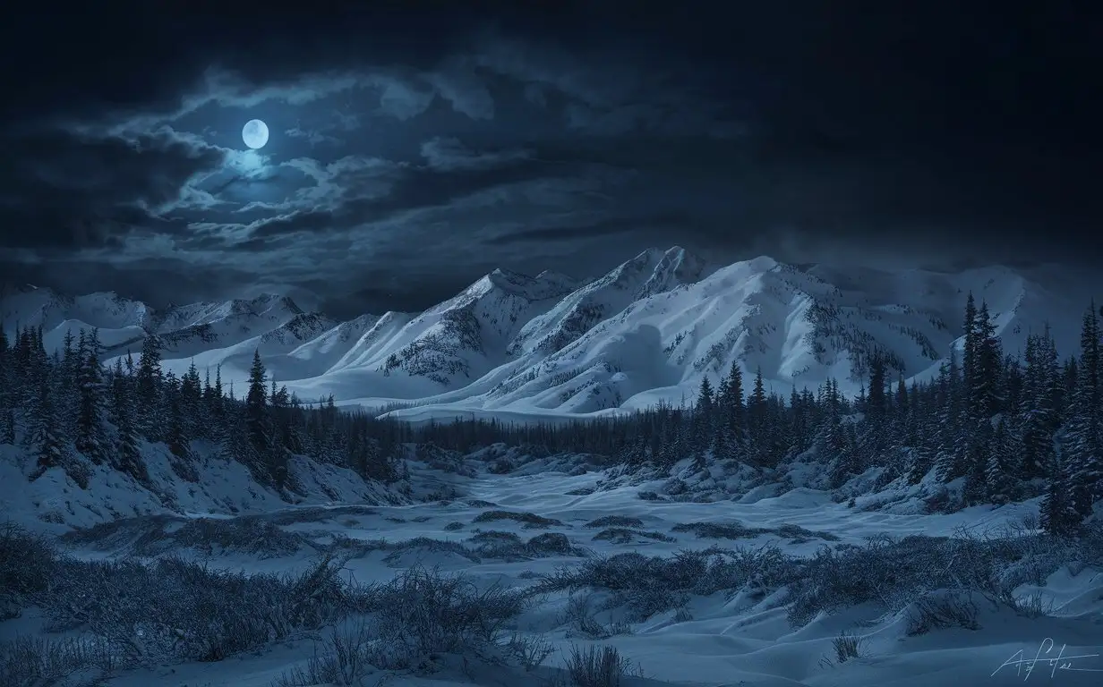 Alaskan-Winter-Night-Coniferous-Forest-and-Snowy-Mountains-Digital-Art