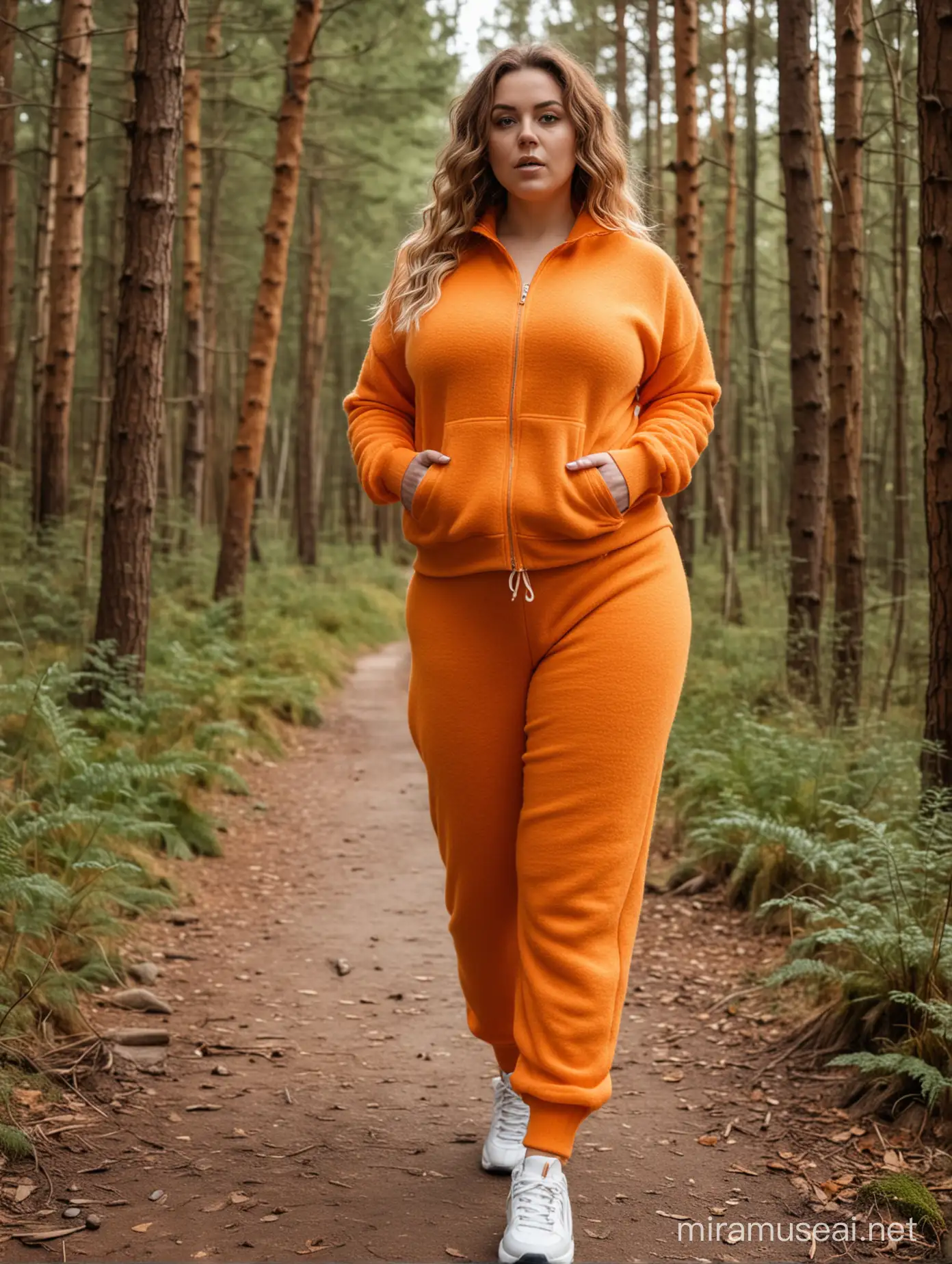 curvy woman with ample xxl bosom wearing a thick orange, mohair-knit heavy wool tracksuit and running shoes, jogging in forest and sweating