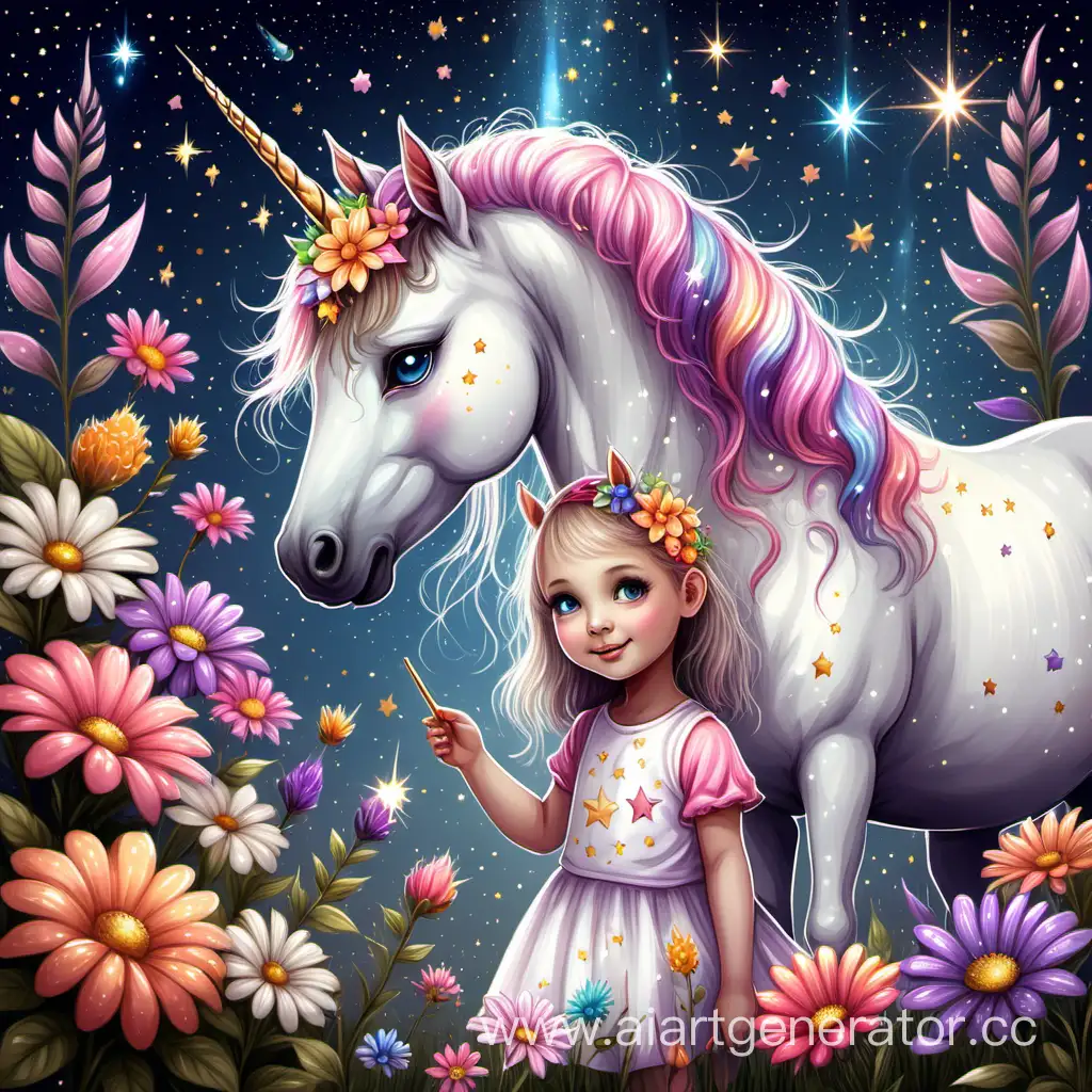 Маленькая девочка и ее волшебный друг - милый единорог, рядом с яркими цветами и волшебными звездами.
