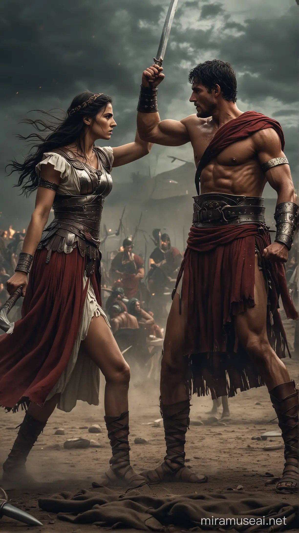 Intense Battle Scene Roman Octavia Confronts Mark Antony in Moody Setting