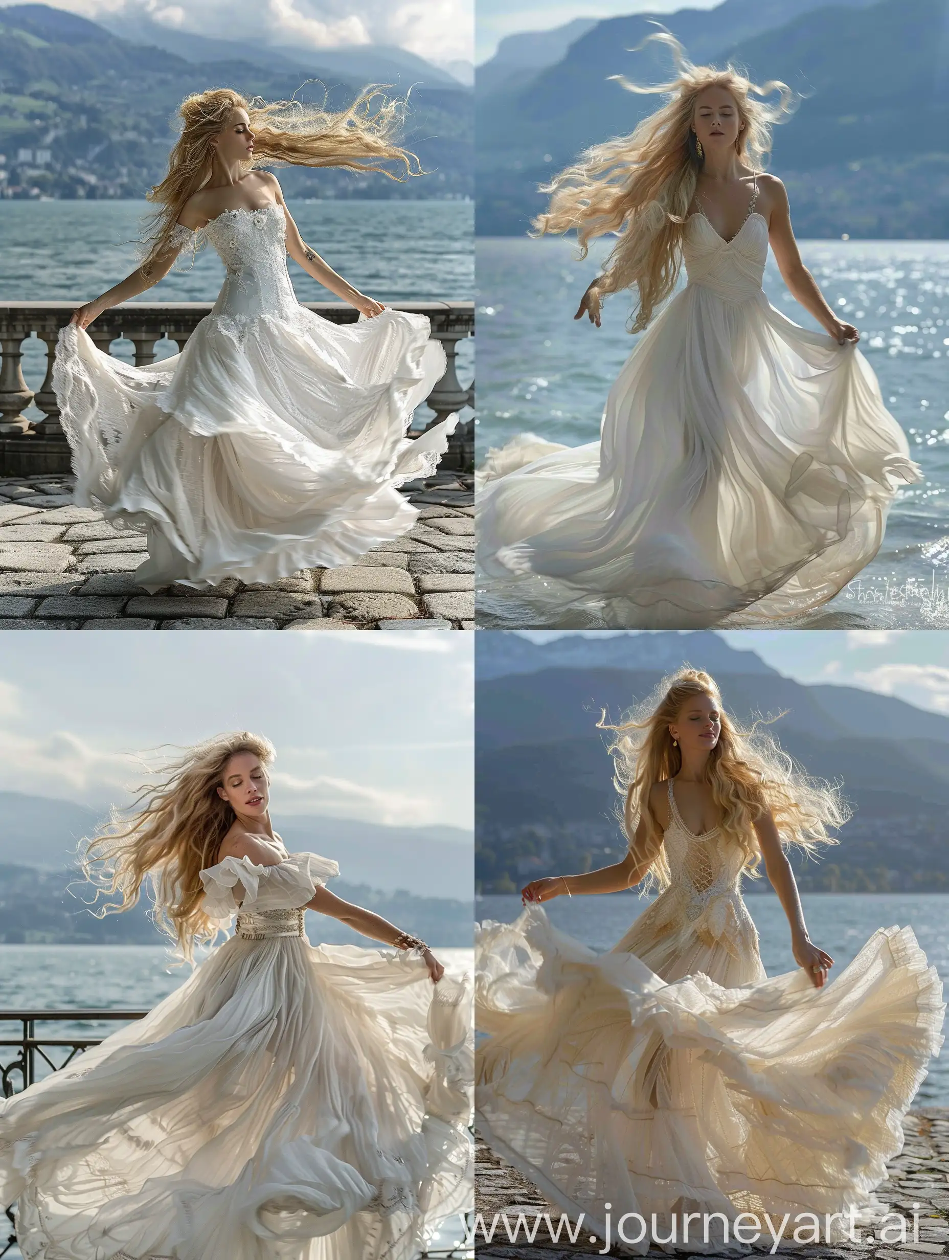 Scarlett Johansson with long blonde hair dancing in the scenery of Lake Geneva or Lake Leman in Switzerland in a white princess dress sexy front view full length , Just like Scarlett Johansson