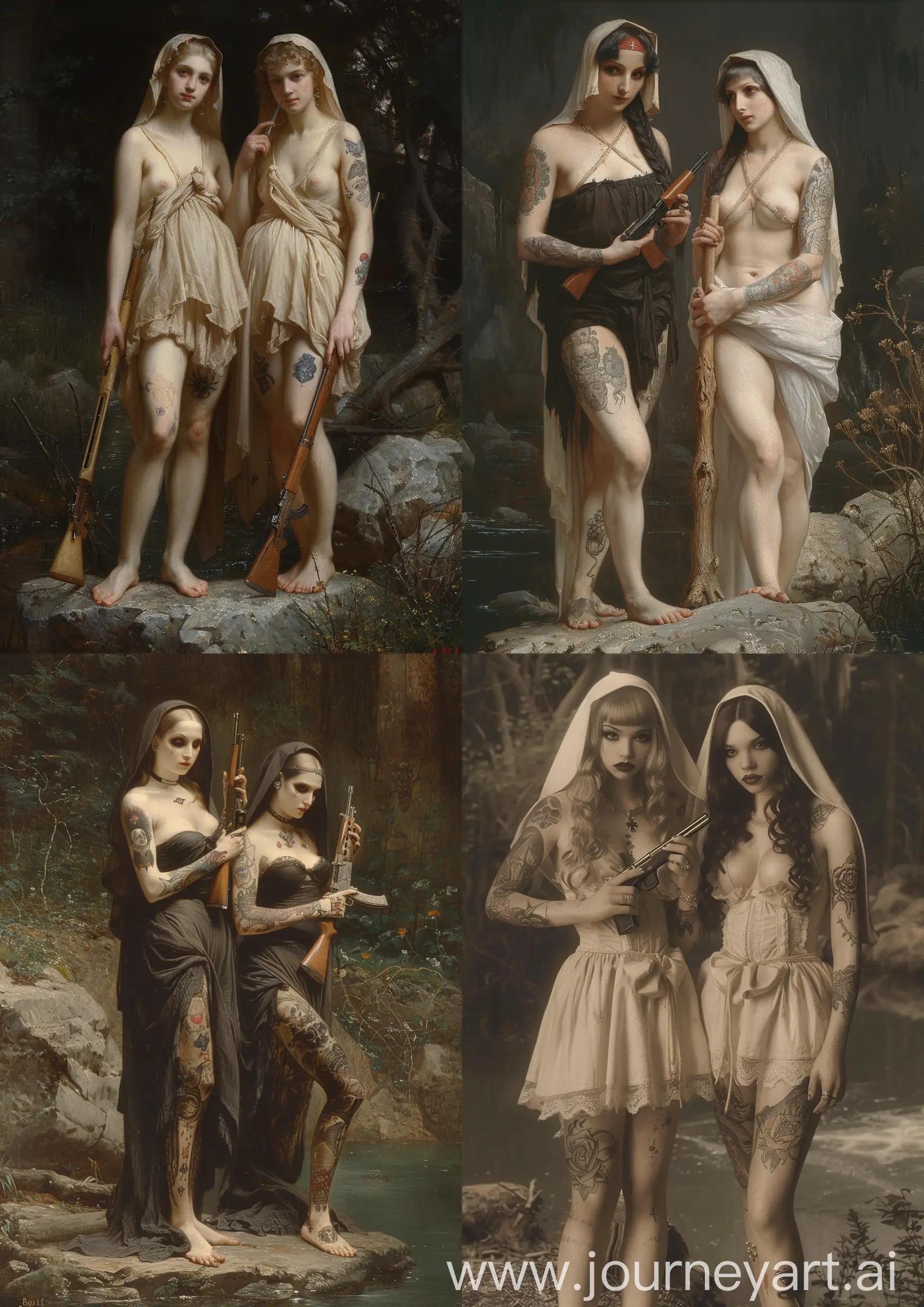 William-Adolphe Bouguereau painting of 2 tattooed scary female vampires nuns, holding an AKA 47, standing on a rock, obscure tones, high detailed, full body —c 22 —s 750 —v 6.0 —ar 5:7