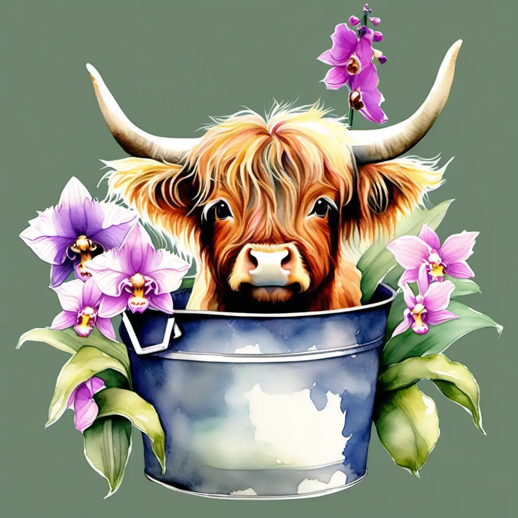 Create an enchanting setting where a baby highland cow enjoys a midjourney surrounded by exotic orchids. The watercolor strokes should capture the elegance of the orchids, with their intricate details complementing the charming presence of the cow in the bucket.