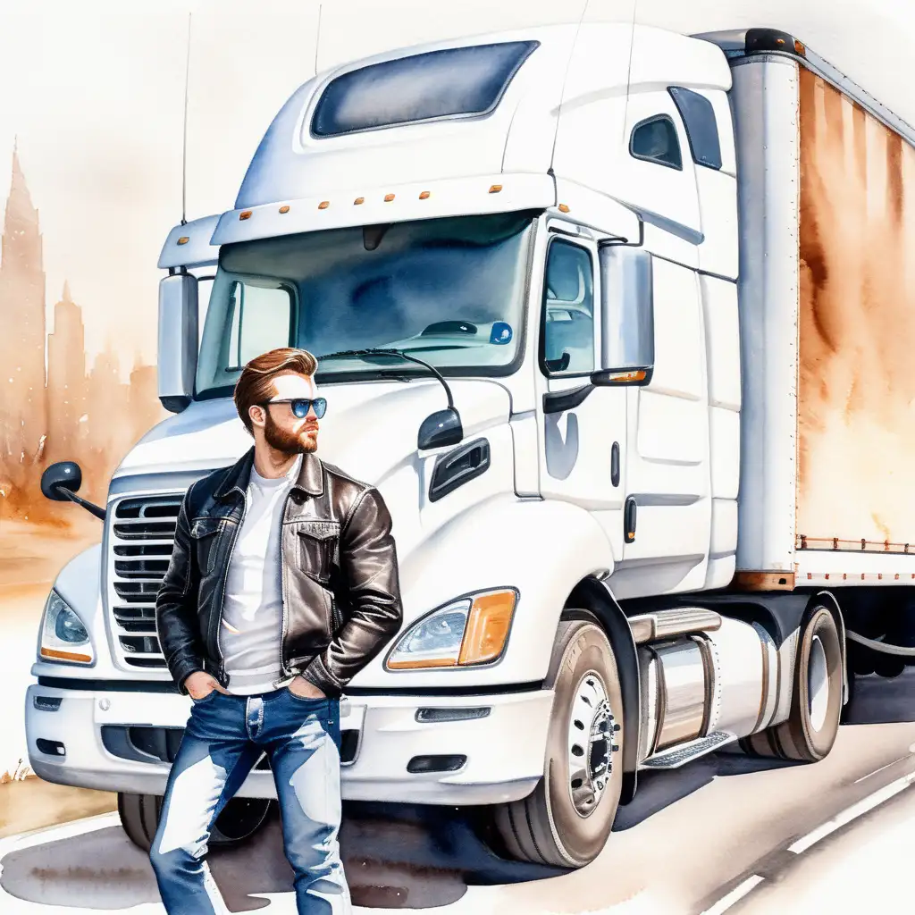 Stylish Man by Luxurious SemiTruck in Watercolor