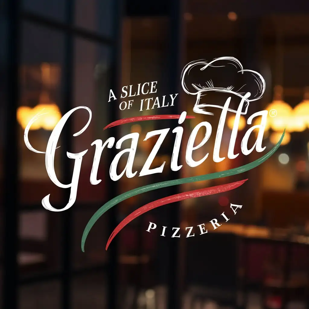 Handwriting Graziella Pizzeria logo with Italian colors, Quote Slice of Italy, chef hat sketched, Elegant typography, Cozy night restaurant atmosphere, Chilling night atmosphere