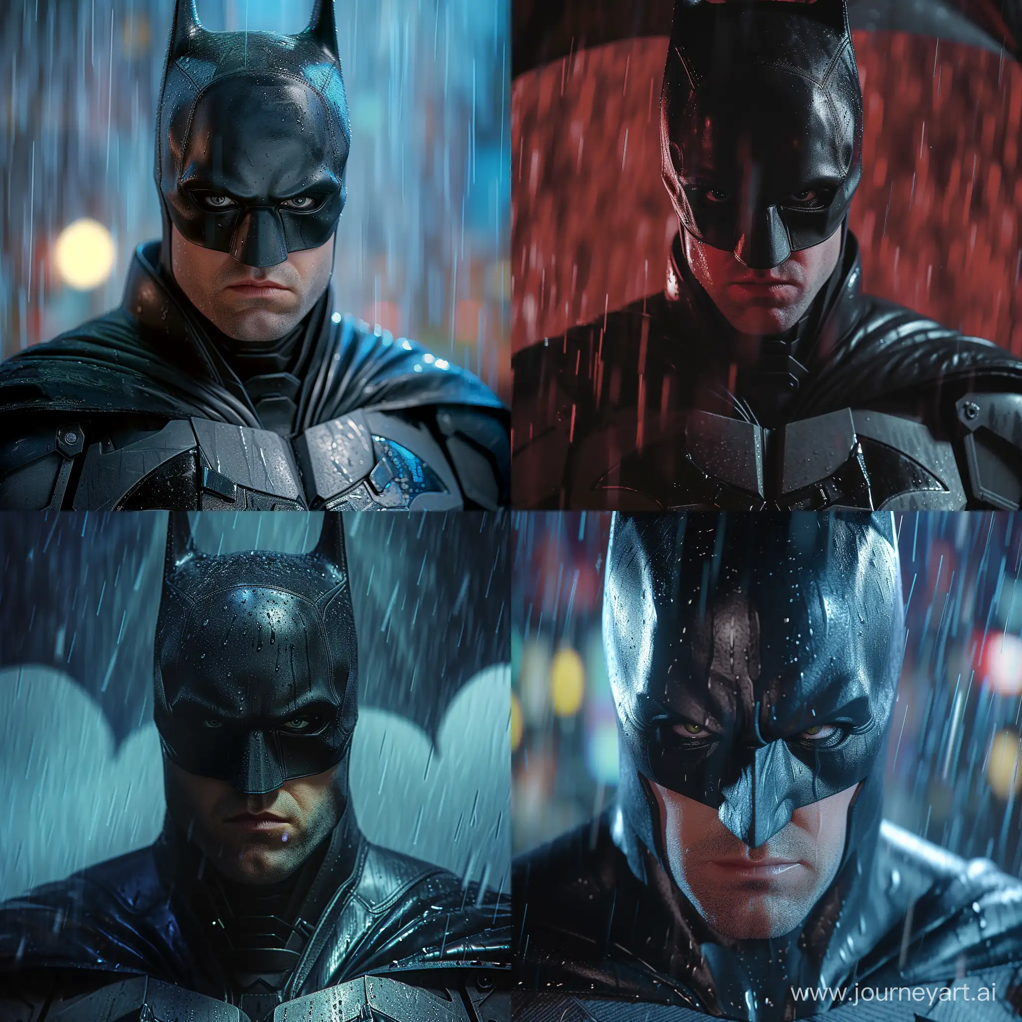 full body batman from 2022 movie focus in his eyes dynamic, realistic in the rain depth of field,