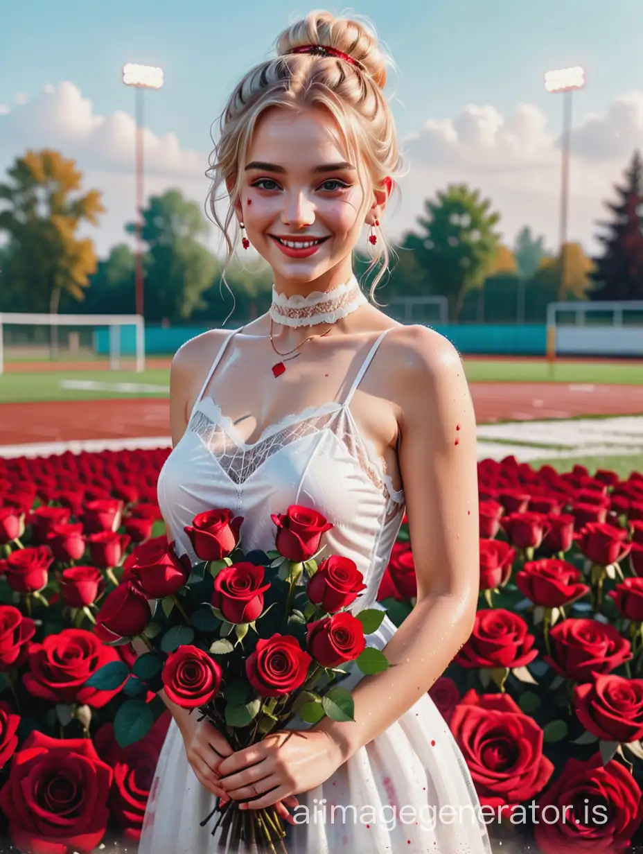 The girl in a white dress with a bouquet of red roses, a happy smile, choker earrings, the aesthetics of a female face, grunge textures, mascara, wet watercolor, stands on a sports field, her blonde hair gathered in a bun, silver lace double exposure
