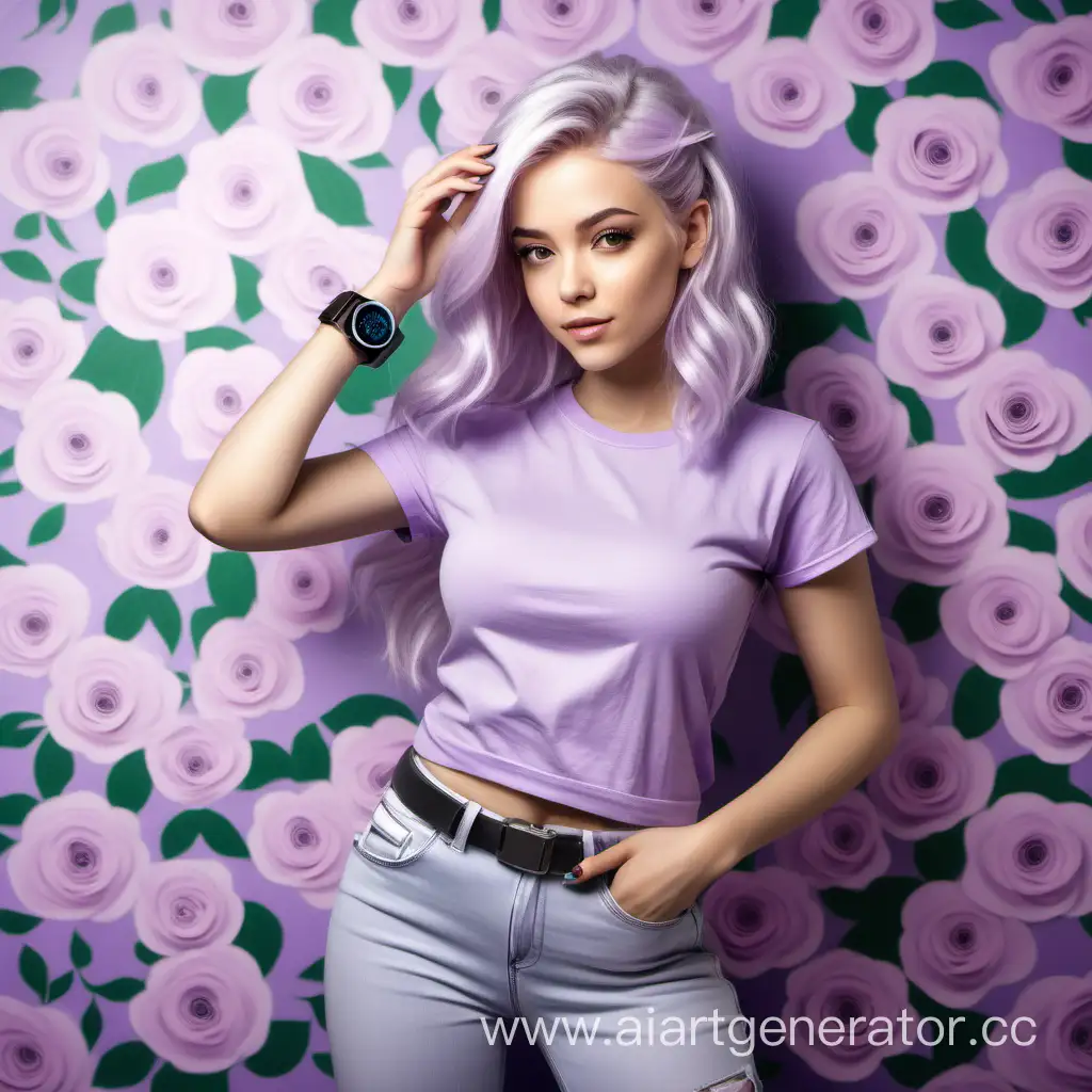 Stylish-Girl-with-Lilac-Hair-and-Smart-Watches-in-Floral-Wall-Setting