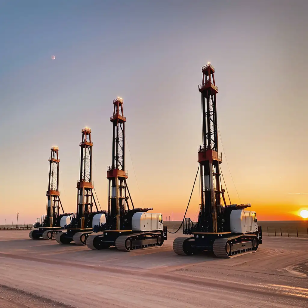 Three Drilling Rigs Silhouetted Against West Texas Sunset