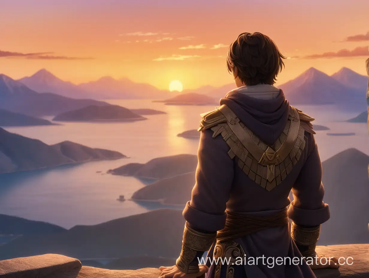 персонаж спиной смотрит на закат который находится на фоне гор
