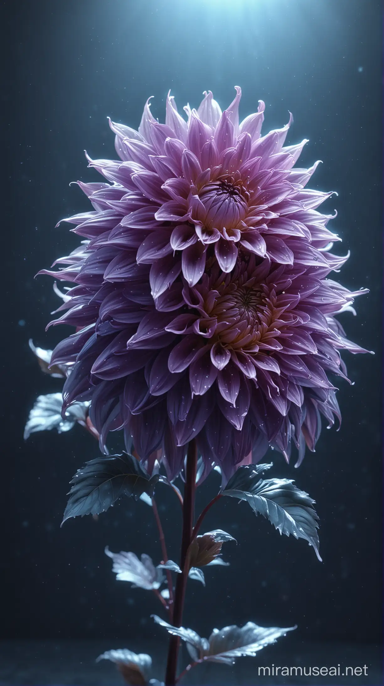 holy light,Beautiful Spectral light A bunch of aztec dahlia blossoms, The petals are flashing purple light, Background blue, drop reflection light, reflection, bright, Super clear, Transparent metal armor, patronus, transparent, caustics, optics, portrait profile, ultra realistic, magic, fantasy, composition, dark, trending on artstation, Pearly,8k, ,ureal --ar 2:3 --v 4 --uplight