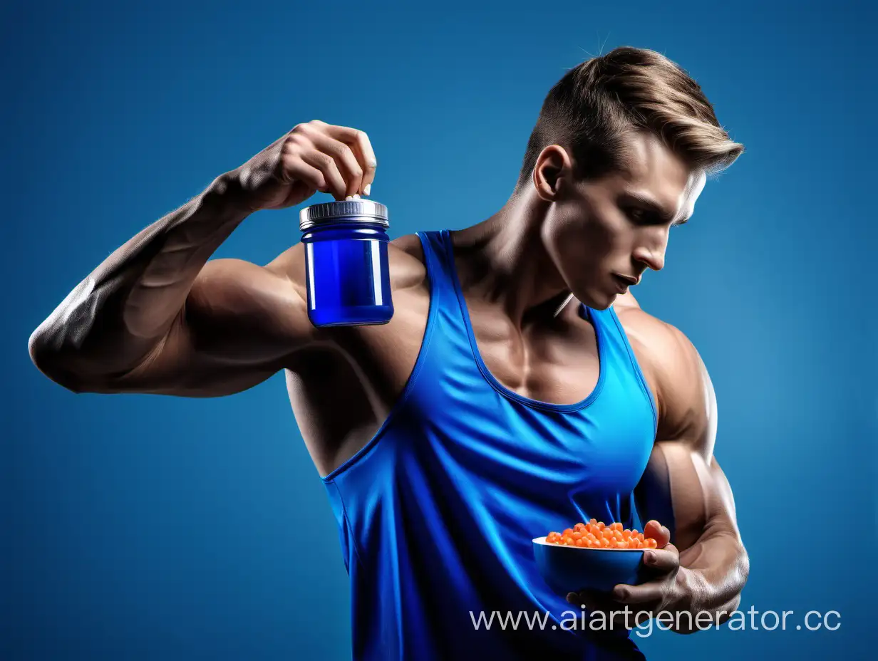 Спортсмен употребляющий спортивное питание в синих цветах