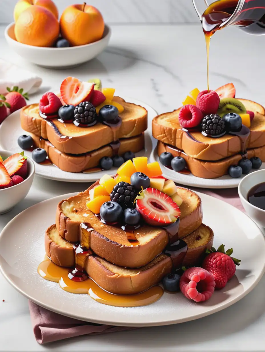 Delicious French Toast Breakfast with Assorted Fruit Toppings and Syrup Drizzles