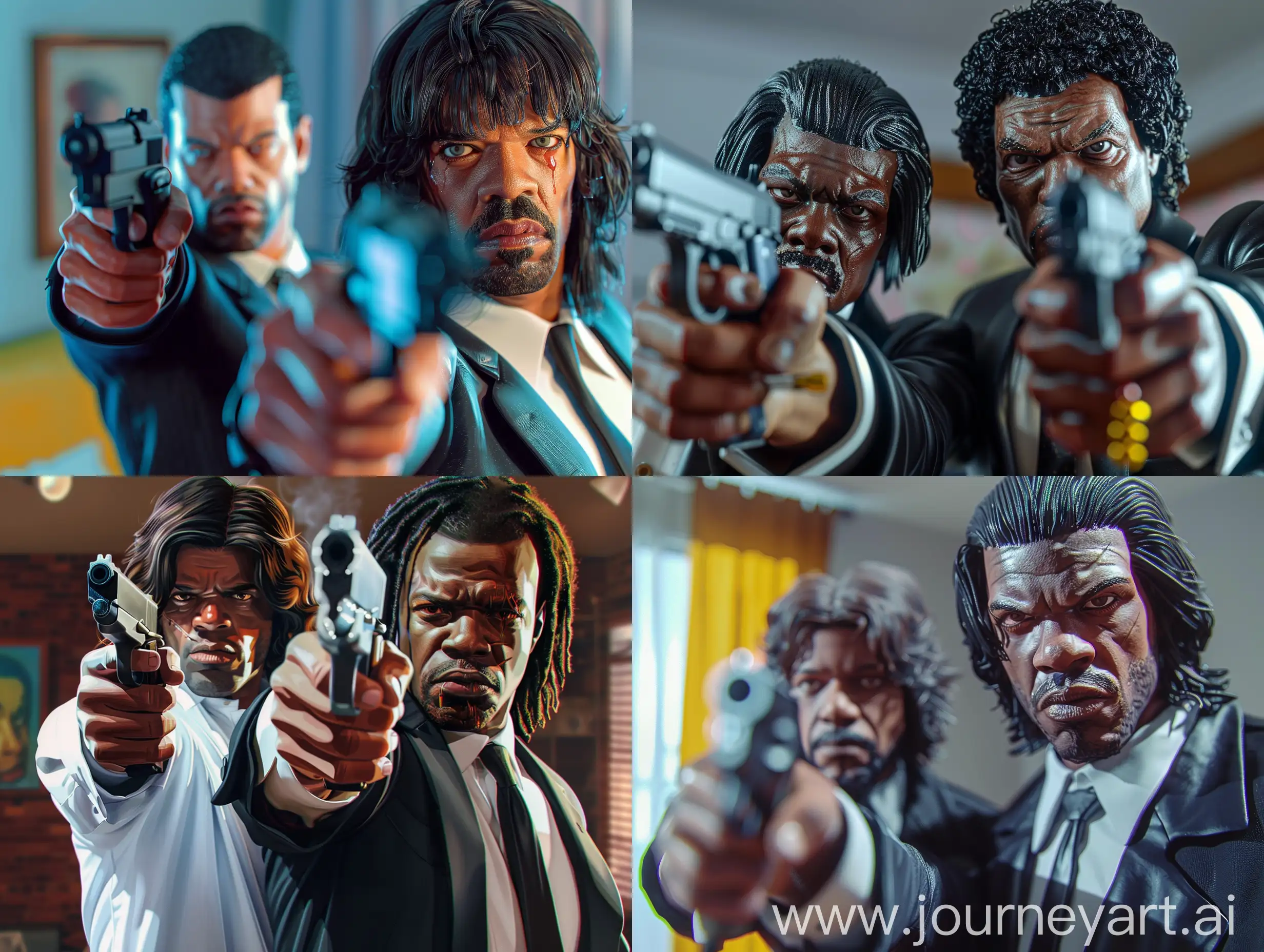 Photorealistic model  version of Pulp Fiction movie as Vincent Vega and Samuel Jackson pointing guns  on them apartment serious faces colorful portraits close up chiaroscuro beautiful lighting cinematic key visual and aesthetic features of [pulp fiction ] 