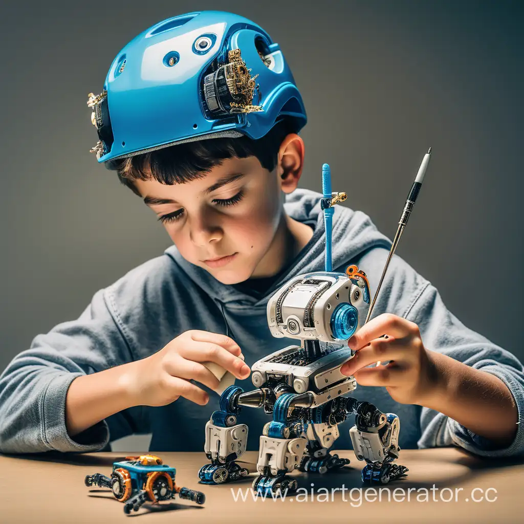мальчик в каске тринадцати лет собирает своего маленького друга-робота по деталям