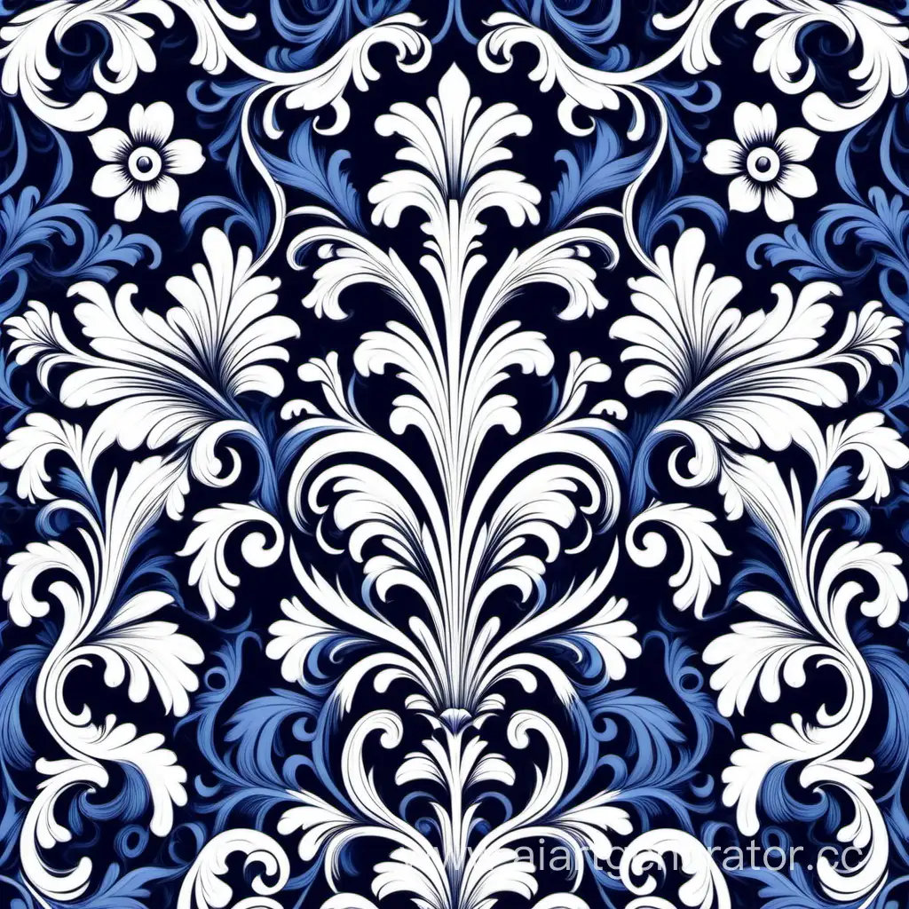 a pattern of floral, Baroque  movement, repeating pattern, white and dark bluevector illustration 