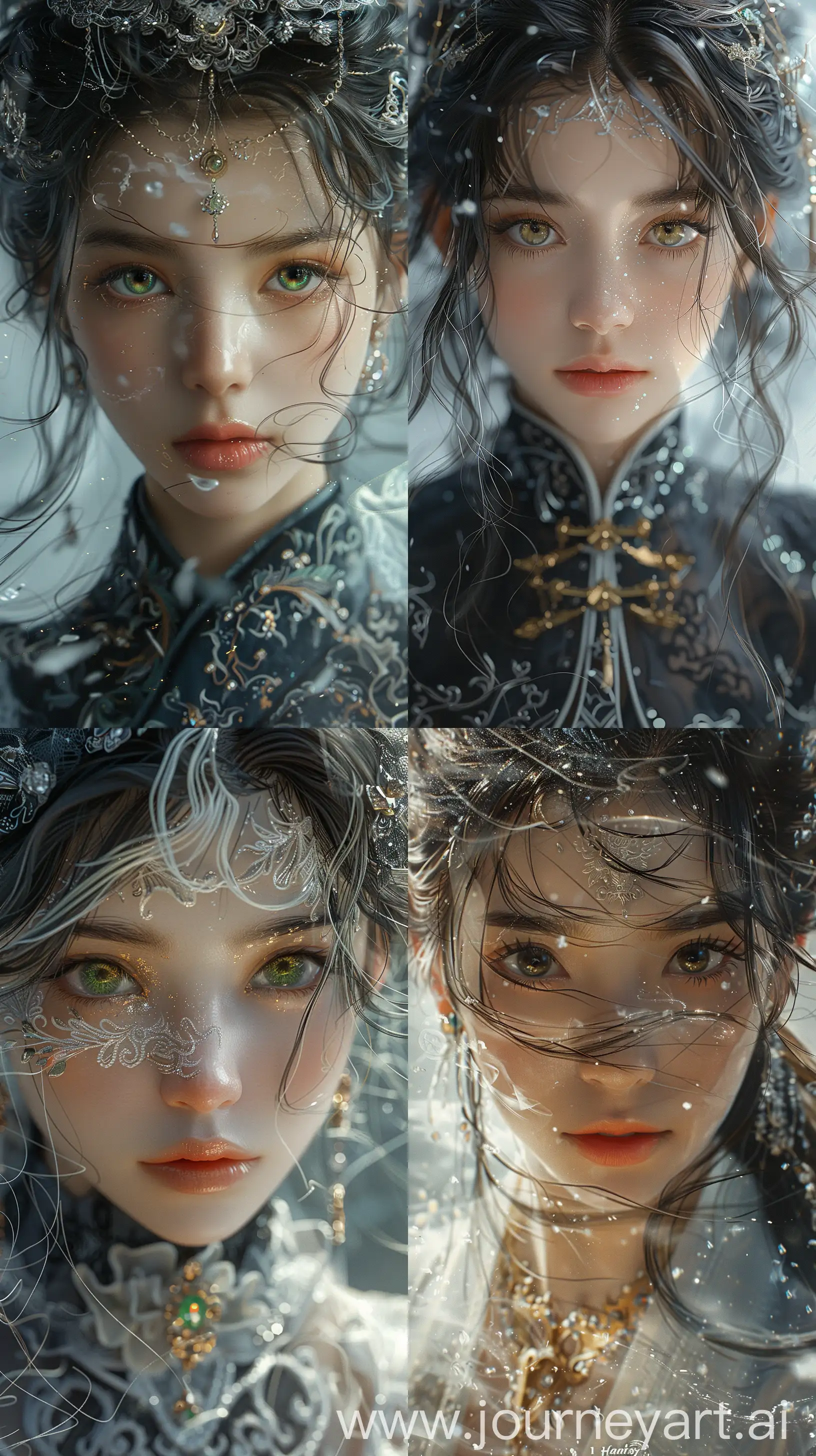 best quality,super delicate,illustration,extremely delicate and beautiful,dynamic angle,white and black highlights,legendary Dragon Queen,1 girl,Hanfu,complex details,beautiful and delicate eyes,golden eyes,green pupils,delicate face,upper body,messy floating hair,focus --s 500 --ar 9:16