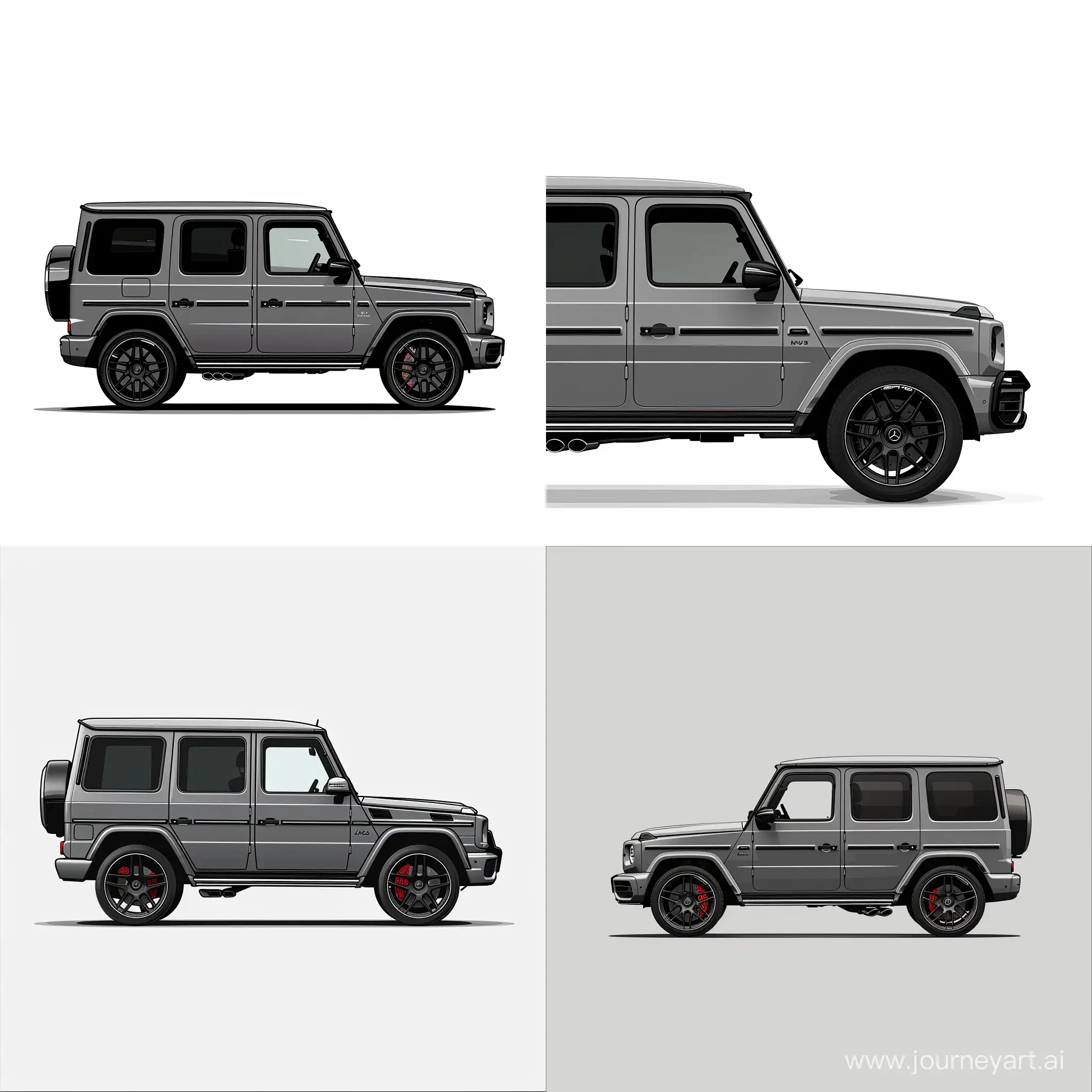 Minimalism 2D 3/4 View Illustration of: Gray Mercedes Benz G63, Simple White Background, Adobe Illustrator Software, High Precision