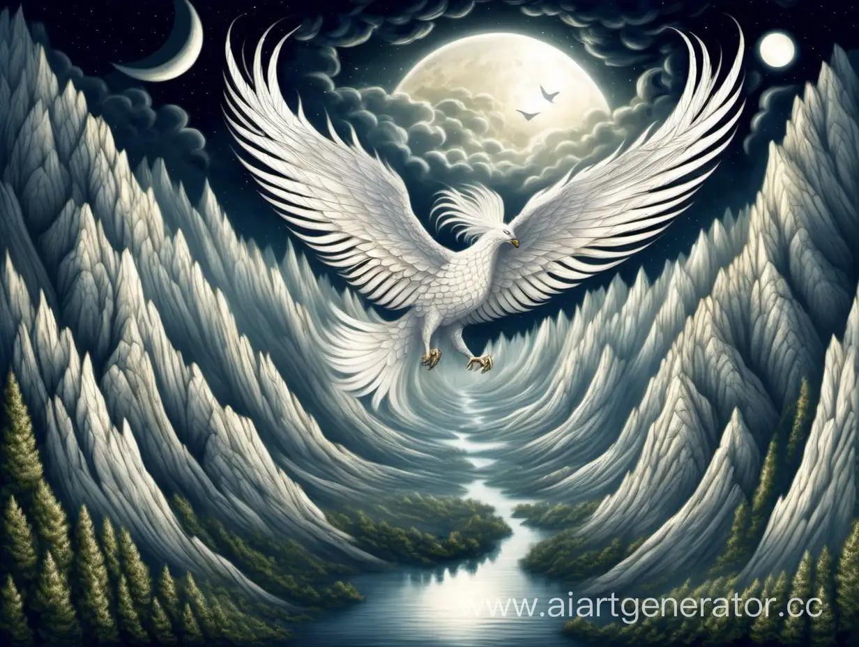 Белый Феникс летит над горами при луне