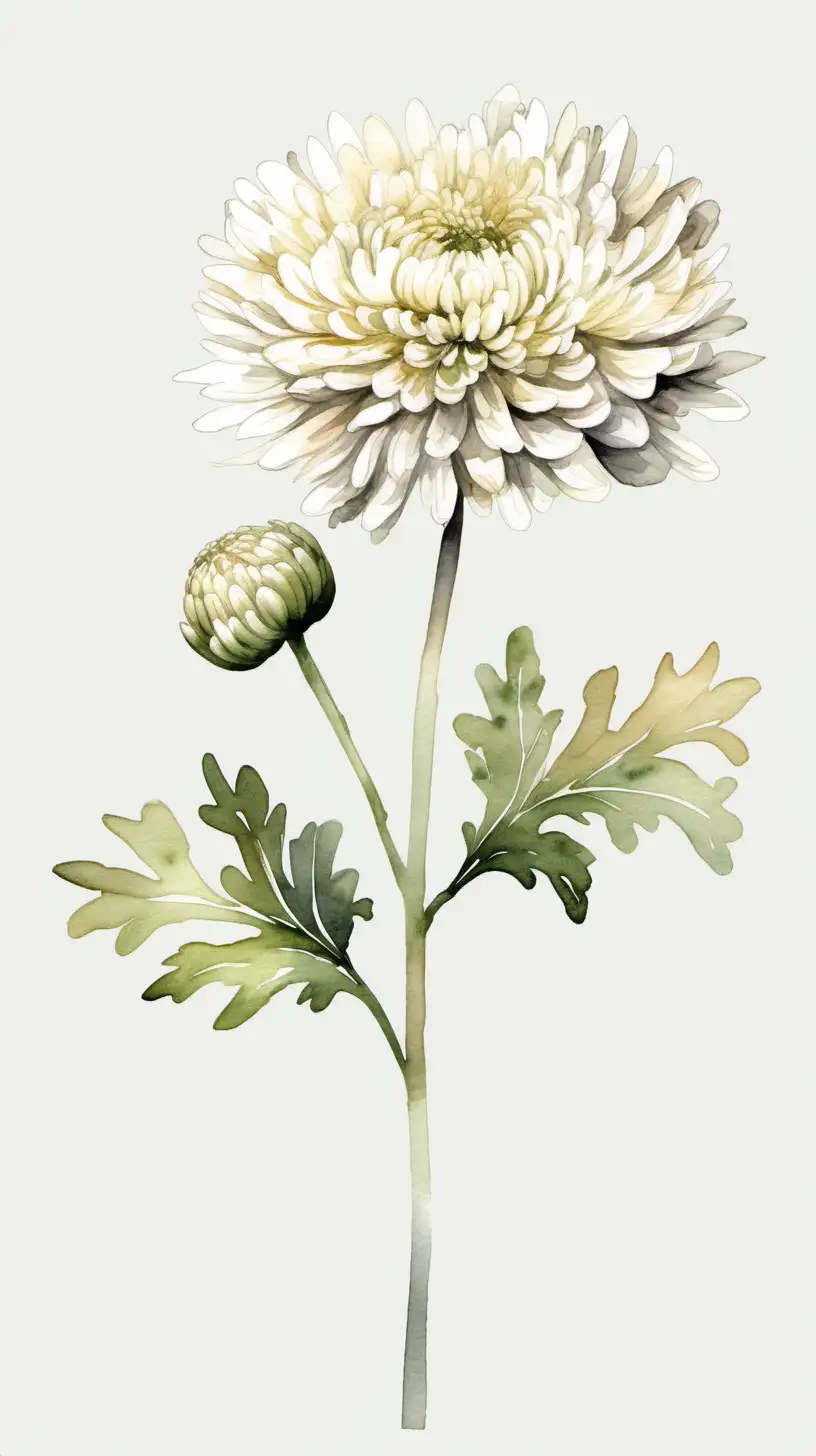 Neutral Watercolor clipart of a Chrysanthemum in bloom, long stem, white background